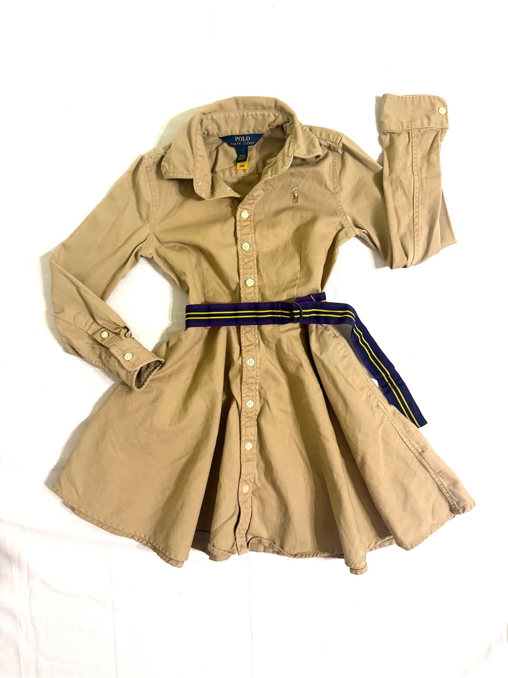 Polo by Ralph Lauren Tan Shirt Dress with Navy & Yellow Striped Belt
